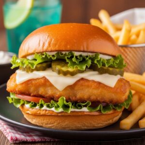Fish Burger with Chips and Drinks